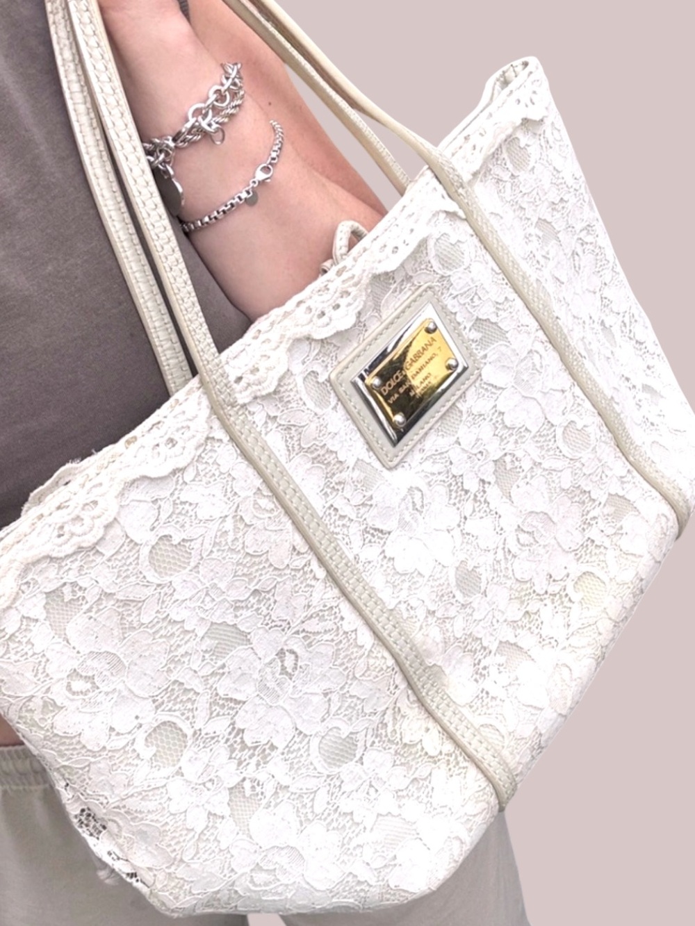 Auth Dolce & Gabbana white lace leather large tote bag boho cheetah lining ☀️ 🐆